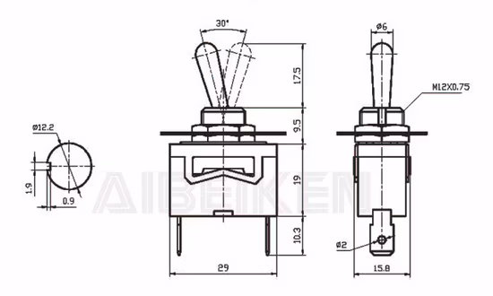 Клемма для пайки Dpst, 12 мм, 4-контактная, средний переменный ток, 15 А, 250 В, серебряный контакт, 2-позиционный тумблер, коричневый